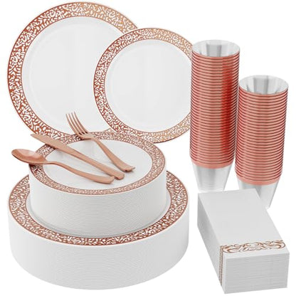 𝟮𝟭𝟬 Count Rose Gold Plastic Dinnerware Disposable Plates 30 Dinner & 30 Dessert Plates & 30 Cups & 30 Rose Gold Paper Napkins & 30 Plastic Silverware Set - color: Rose Gold