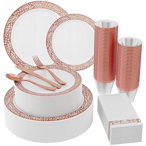 JOLLY CHEF 30 Guests Plastic Plates Set With Rose Gold Rim Dinnerware Set - color: ROSE GOLD-210pack