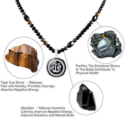 Ankh Cross Pendant Ancient Egyptian Hieroglyphic Symbol of Health and Eternal Life Men Cross Necklace with Tiger Eye Stone Obsidian Hematite Triple Protection Crystal Beads Chain - color: Allah Pendant-Silver
