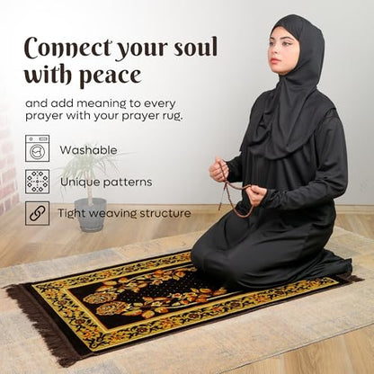 Muslim Prayer Rug, Soft Plush Thin Islamic Prayer Mat, Janamaz, Sajada, Praying Carpet, Islamic Gift for Men & Women, Islamic Ma, Eid & Ramadan Gift with Prayer Beads, 26x43 inch, Black - color: Tabuk / Kaaba Black