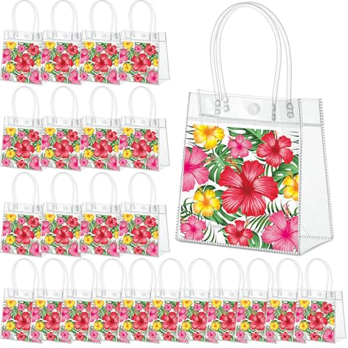 Aliceset 24 Pcs Clear Hawaiian Gift Bags with Handles Tropical Floral Hawaiian Luau Party Favor Bag for Aloha Theme Tropical Luau Summer Party with Palm Leaves 6.31"x 5.91"x 3.15" - style: Hibiscus with Leaves