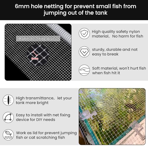 DIY Aquarium Hood 8pcs Aquarium Fish Tank Hood Screen Cover net Clip Holder and 2.15 Feet X 1.73 Feet Aquarium lid top net Kits Suitable for Rimless and rimed Tank