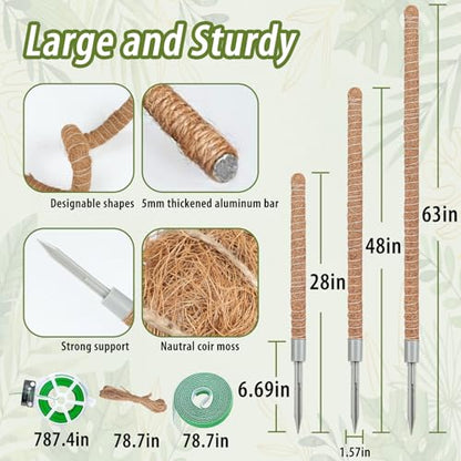 3 Pack Moss Pole, 28" 48" 63" Monstera Plant Support for Climbing Indoor Plants, Bendable Coco Coir Plant Support Stakes for Potted Plants, Pothos, Philodendron - size: 28 Inch, 48 Inch, 63 Inch - 3 Packs