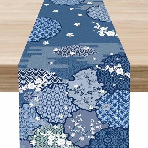 Japanese Table Runner,Asian Oriental Retro Cherry Blossom Branch Clouds Sea Anime Nature Landscape Chinese Table Runner for Kitchen Dining Table Party Decor 13 x 36 Inch - color: Japanese-5, size: 13x36" Table Runner