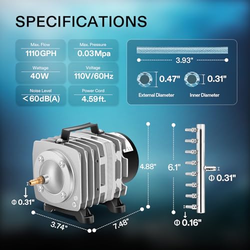 VIVOSUN 1110GPH Aquarium Air Pump Commercial Air Pump with Aluminum Housing | 8 Outlet 40W 70L/min, Fish Tank Bubbler Pond Aerator for Aquariums, Ponds, Hydroponics - size: 8"×4"-1110