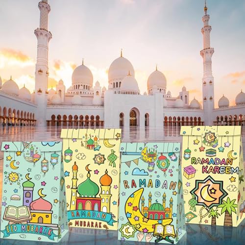 YVAINE 12-Pack Eid Mubarak Goodie Bags with Stickers - Ramadan Candy Treat Bags 8.7x4.7x3.2 Inches, Double-Sided Printed Colorful Paper Gift Bags with Stars, Moons & Lanterns Design for Eid Party Favors, Classroom Gifts, Holiday Celebrations