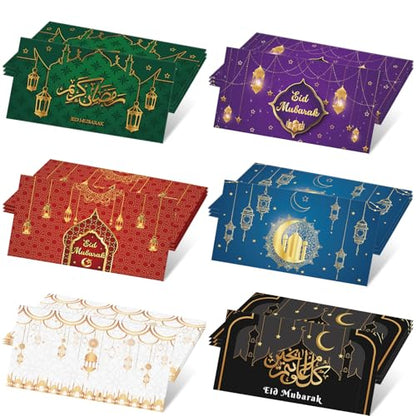 JULMELON 24 Pcs Eid Mubarak Envelopes Eid Gifts Cards Holders 6 Styles Ramadan Pocket Envelope for Money Islamic Muslim Ramadan Mubarak Cards for Kids Gifts(6.5 x 3.5 in)