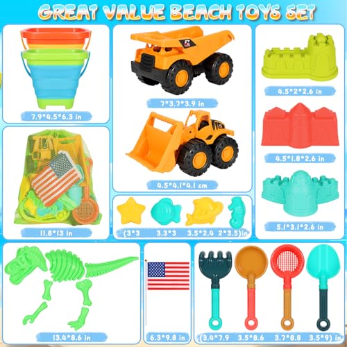 HUITEM Beach Sand Toys for Kids, 29PCS Sandbox Toys with 2 Collapsible Bucket Sand, 2 Dump Truck, Dinosaur Molds, Castle Building Kit, Shovel Sieve,Flags,Mesh Bag Travel Beach Toys for Toddler 3-10