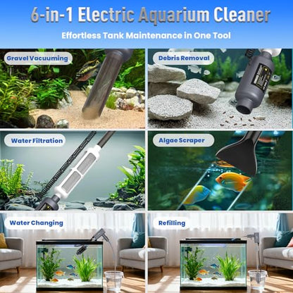 Cordless Aquarium Gravel Cleaner: 36W Electric Fish Tank Vacuum Cleaner | Rechargeable & 4 Adjustable Suction, Anti-Clog for Debris Clean & Sand Washing,Automatic Water Changer for 10-75 Gallon Tank