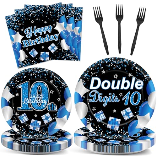 Qyeahkj 100 Pcs 10th Birthday Decorations for Boys Official Teen 10th Supplies Plate Napkin Forks Set Disposable Blue 10th Birthday Tableware Paper Plates Dinnerware for Kids Teenager Favors Serve 25 - style: 10th Birthday