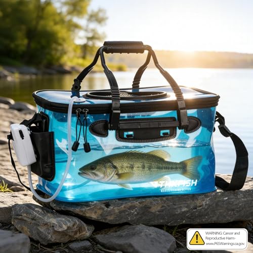THKFISH Foldable Transparent Fishing Bucket, 8 Gallon Foldable Bait Bucket, Live Fish Container Multi-Functional Bait Bucket, Live Bait Fishing Bucket for Saltwater, Camping (8Gallon) - size: 8Gallon with Aerator