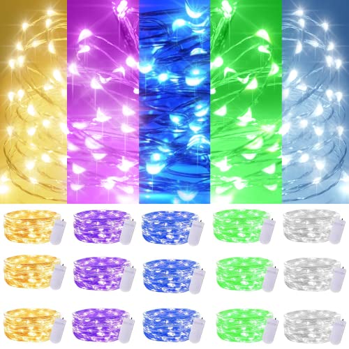 SmilingTown Christmas Fairy String Lights,15 Packs 20 LEDs Battery Operated 6.6FT Silver Copper Wire Starry String Light for DIY Bottle Jars Costume Wedding Party Easter Table Decorations (5 Colors) - color: 5 Colors