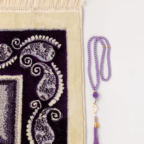 Velvet Muslim Prayer Rug Set with 99 Beads - Purple | Luxury Velvet, Classic Paisley Border Design, Thick Cushioned Janamaz, Non-Slip Backing, Travel Friendly, 99 Tasbeeh Included - color: Purple