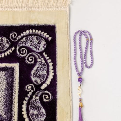 Velvet Muslim Prayer Rug Set with 99 Beads - Purple | Luxury Velvet, Classic Paisley Border Design, Thick Cushioned Janamaz, Non-Slip Backing, Travel Friendly, 99 Tasbeeh Included - color: Purple