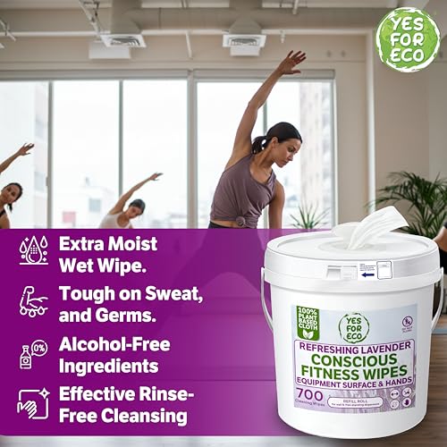 Plant-Based Eco-Conscious Fitness Wipes – 700 Count Refill + Reusable Dispenser Bucket | Infused with Lavender & Tea Tree Oil | All-Purpose Cleaning Wipes for Yoga, Pilates, and Gym Equipment - size: 700 Count (Pack of 1) + Dispenser
