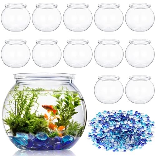 Arrowbash 12 Pcs Mini Plastic Fish Bowl 27 oz with 900 Pcs Mixed Flat Glass Marbles Plastic Shatterproof Aquarium Starter Kits Fish Tank for Centerpiece Vases Tabletop Office Desk Pet Tank Home Decor