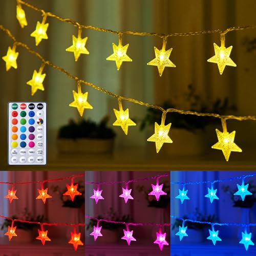 Minetom 색상 변경 별 스트링 조명 - 7m(23피트) 50개의 LED 라마단 장식 별 요정 조명, 리모컨 및 타이머 포함, 16가지 색상 및 7가지 모드, 침실 파티 실내 장식용 USB 전원 스트링 조명 - size: 23 FT