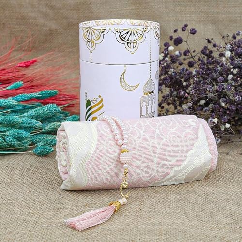 VHD Muslim Prayer Rug Set, Janamaz Salah Set, Islamic Tasbih Mat Set (Pink) - color: Pink