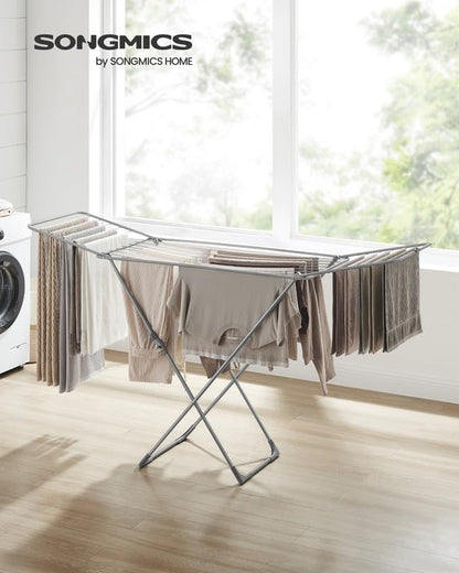 SONGMICS Clothes Drying Rack, Metal Laundry Drying Rack, Foldable, Space-Saving, Free-Standing Airer, with 2 Gullwings, Indoor Outdoor Use, Bed Linen Clothing, Gray ULLR540G01 - color: Gray, style: 2 Gullwings（19.7"D)