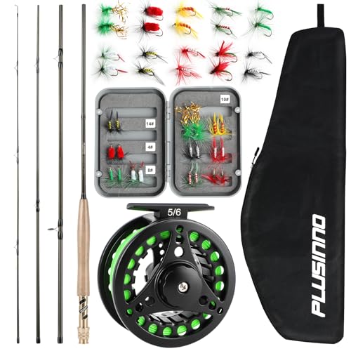 PLUSINNO Fly Fishing Rod and Reel Combo Kit, Fly Fishing Rod for Starters | 4 Piece Lightweight Ultra-Portable Graphite 5 Wt -9' Fly Rod, 5/6 Reel, Complete Starter Package with Carrying Bag