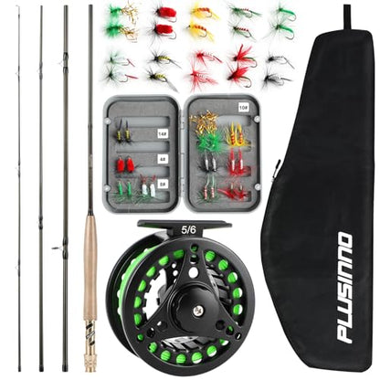 PLUSINNO Fly Fishing Rod and Reel Combo Kit, Fly Fishing Rod for Starters | 4 Piece Lightweight Ultra-Portable Graphite 5 Wt -9' Fly Rod, 5/6 Reel, Complete Starter Package with Carrying Bag