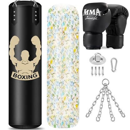 Filled Punching Bag for Adults, 4FT PU Leather Hanging Bag with 11lb Sponge Filler, Come with 12OZ Gloves, Heavy Bag Boxing Equipment for Training Karate Kickboxing Home Gym