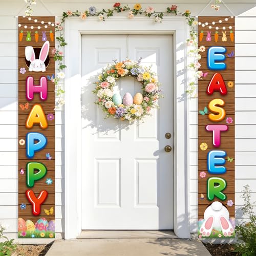 Easter Door Banner Happy Easter Porch Sign Banner Egg Rabbit Hanging Door Decoration Bunny Wall Decor Spring Decorations Front Door Sign for Home Outdoor Indoor Holiday Party Favor Supplies Office - color: Candy