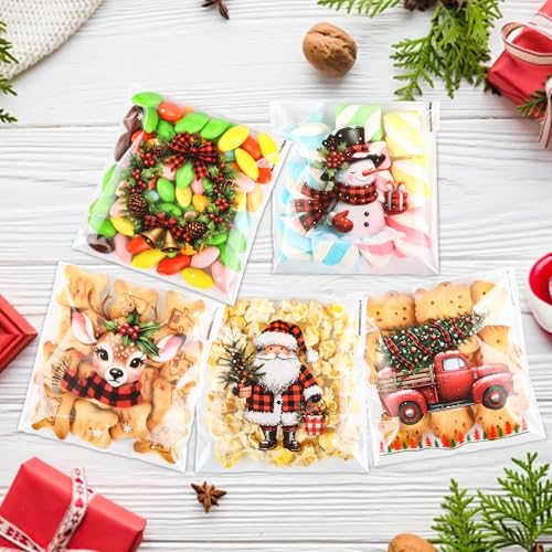 Self-Sealing Christmas Cellophane Cookie Bags - 4x4 Inch 100 PCS Plastic Self-Adhesive Xmas Santa Goodie Candy Treat Gifts Bags Bulk Pouches for Holiday Winter Party Favors Gift Wrapping, 5 Style - color: Christmas 100pcs