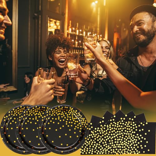 150 PCS Black and Gold Paper Plates Napkins Forks Party Supplies Serves 50, Golden Dot Disposable Paper Dinnerware 9" Plates for Birthday, New Years Eve, Graduation, Retirement Party - color: Black Gold (Serves 50)