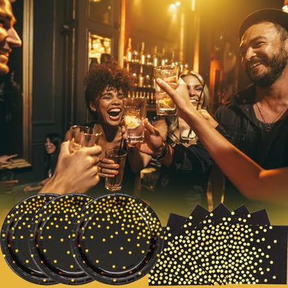 150 PCS Black and Gold Paper Plates Napkins Forks Party Supplies Serves 50, Golden Dot Disposable Paper Dinnerware 9" Plates for Birthday, New Years Eve, Graduation, Retirement Party - color: Black Gold (Serves 50)