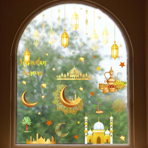 Eid Mubarak Decorations Stickers Muslim Happiness Ramadan Decor Double-Sided Islamic Window Clings for Home Party (Window Clings) - color: Window Clings