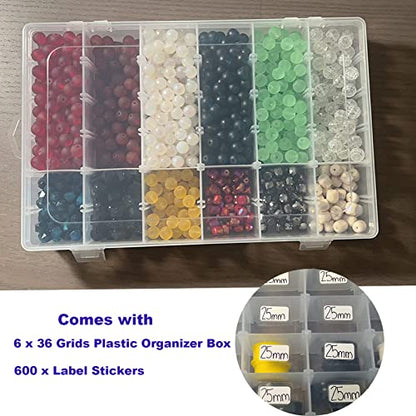 6 Pack 36 Grids Plastic Bead Organizer Box with Dividers and 600 PCS Label Stickers, Clear Small Tackle Box Part for Craft and Bead Storage