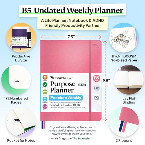 Roterunner Purpose Planner Notebook B5 7.5”x9.8” Undated 2026 Daily Weekly and Monthly Productivity Goal Setting Tool for Work Home ADHD Planner for Adults Self Care Journal - color: Pink