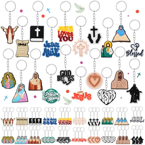 Kenning 60 Pcs Christian Keychains Bulk 20 Style Jesus Cross Bible PVC Key Chains Religious Gifts for Women Men Church Party Favors - style: Christian