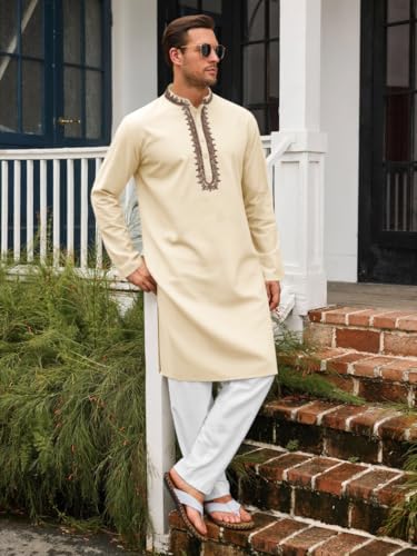 Runcati Mens Kaftan Thobe Cotton Henley Shirt Long Sleeve Embroidery Robe Casual Kurta Muslim Gown Shirt - color: Apricot, size: XX-Large