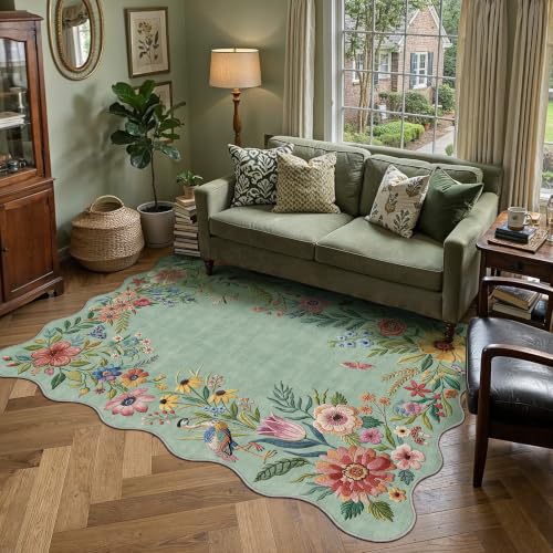 4x6 Floral Green Scalloped Area Rug - color: Green, size: 4' x 6' (Scalloped)