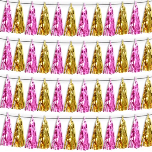 4P Gold Pink Tassel Banner Garland Metallic Foil Fringe Banner Tinsel Tassels Streamer Banner Backdrop for Parade Floats, Graduation, Wedding, Bachelorette, Birthday, Retirement Party Decorations - color: Gold Pink
