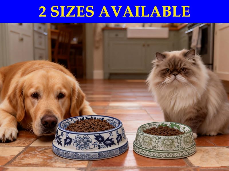 Aimusego Ceramic Cute Dog Cat Bowl for Small Breeds, Handpainted Green & White Heavyweight Durable Pet Food and Water Dish Crock, Dishwasher Safe- 1.5 Cups - color: Green Peony scrolls-S, size: Small (11OZ)