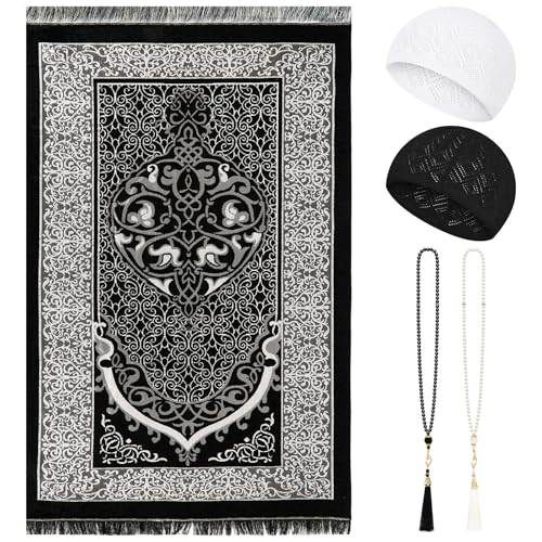 Kufi 모자 및 Tasbih 99개의 비즈가 있는 무슬림 기도 매트 세트, 휴대용 이슬람 기도 러그 여행용 접이식 사자다, 통기성 있는 타키야 모자, 라마단 이드 이슬람 선물 남성 여성용