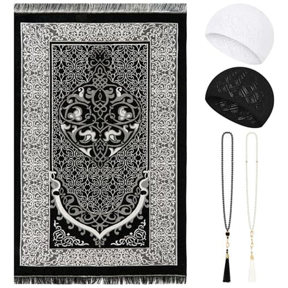 Kufi 모자 및 Tasbih 99개의 비즈가 있는 무슬림 기도 매트 세트, 휴대용 이슬람 기도 러그 여행용 접이식 사자다, 통기성 있는 타키야 모자, 라마단 이드 이슬람 선물 남성 여성용