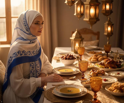 Hijab Modest and Elegant | Beautifully Designed Printed Chiffon Patterns | Muslim Women Head Scarf and Veil - color: Blue