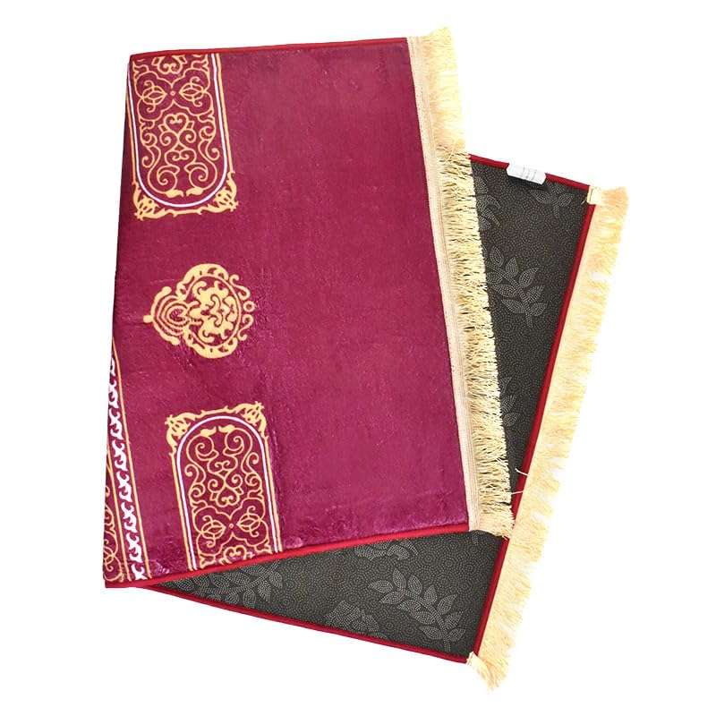 Premium Comfortable Muslim Prayer Rug - Soft Velvet with Traditional Kaaba Cover Design Theme, Thick Padding for Comfort, Extra Wide Layout, Non-Crumbling & Non-Slip Base (Burgundy). - color: Burgundy