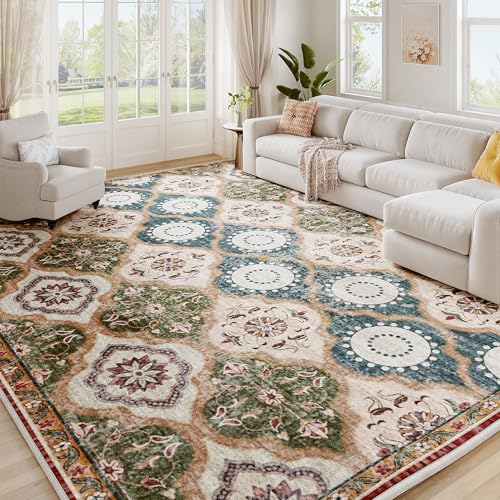 EnHomee 8x10 Area Rug, Soft Washable Rugs for Living Room Bedroom, Boho Non Slip Low Pile Stain Resistant Washable Rug Large Area Rugs for Dining Room,Easy to Clean Living Room Rug, Red & Green - color: Red & Green, size: 8x10