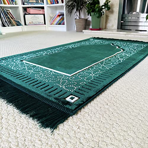 Mihrab Patterned Original Luxury Velvet Prayer Mat/Rug- 750g Weight | Made in Turkey (Parliament Green) - color: Parliament Green