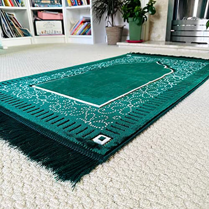 Mihrab Patterned Original Luxury Velvet Prayer Mat/Rug- 750g Weight | Made in Turkey (Parliament Green) - color: Parliament Green
