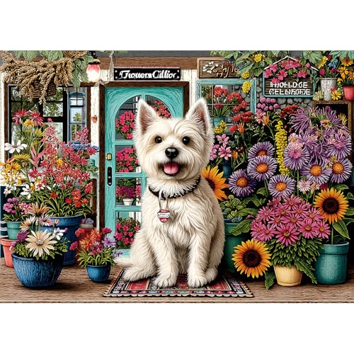 Dog Flower Shop 1000 Piece Jigsaw Puzzle for Adults Colorful Garden Scene Sunflowers Challenging Puzzle for Family Game Night Gifts & Home Decor for Puzzle Lovers (27.6" x 19.7") - color: Dog Flower Shop