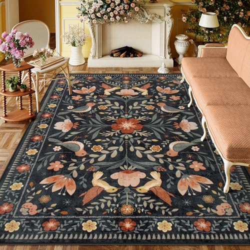 Moynesa Black Washable 8x10 Area Rugs for Living Room Bedroom Dining Room, Modern Transitional Aesthetic Floral Bird Medallion Carpet, Folk Art Home Decor Open Floor Areas Protection Non-Slip - color: Black, size: 8' x 10' (Rectangular)