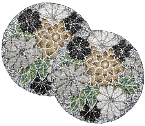 Beaded Round Placemats for Dining Table Flowe Design Silver Multi Set of 2-13 Inches Round for Gathering, Christmas, Thanksgiving - Occasional Decoration - color: Silver Green Multi, size: 13"x13"