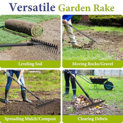 Adjustable Bow Rake Heavy Duty, Dual-Sided Steel Garden Rake Tool for Gathering Leaves, Pine Straw, Thatching, Breaking Up Soil, Leveling Gravel