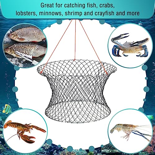 Windyun 2 Sets Crab Trap Bait Wire Grid Bottom Crab Nets Foldable Fishing Net Hand Casting Cage with Harness and Bait Clip - color: Black